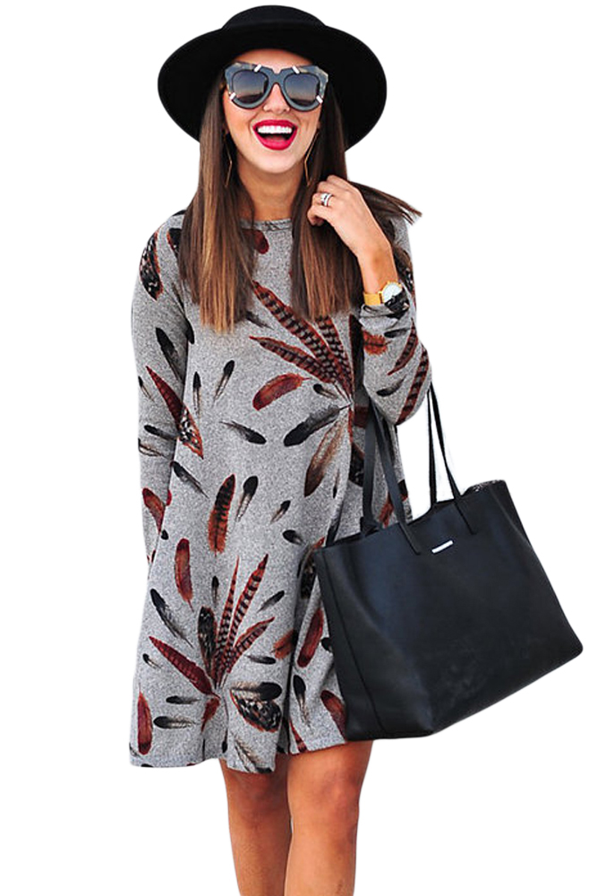 BY220210-11 Gray Feather Graphic Pocket Tunic Dress